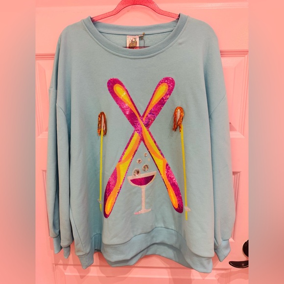 QUEEN OF SPARKLES agua rhinestone crossing ski and cocktail Top NWT - Picture 2 of 2